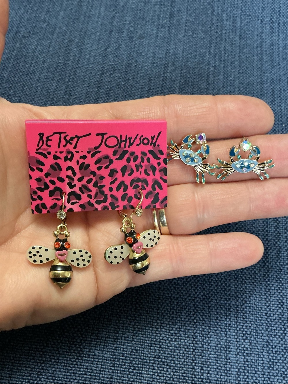 Bundle 2 Pr Betsey Johnson Earrings Bee Crab Rhinestone